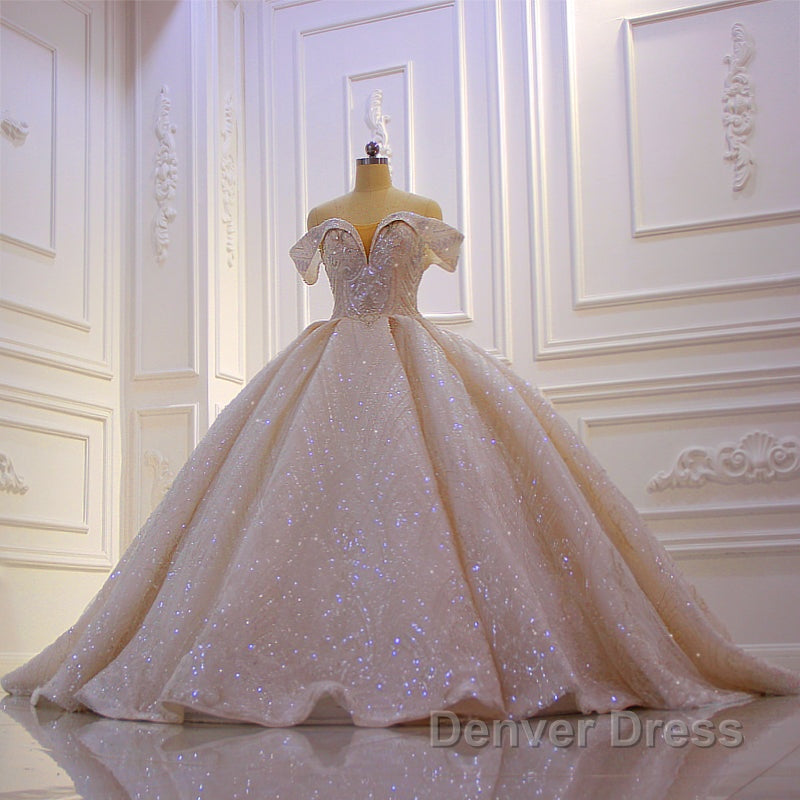Classy Long Off the Shoulder Sequin Beading Satin Ball Gown Wedding Dresses Secondary image