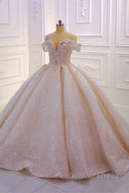 Classy Long Off the Shoulder Sequin Beading Satin Ball Gown Wedding Dresses