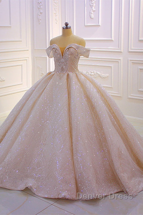 Classy Long Off the Shoulder Sequin Beading Satin Ball Gowns Wedding Dresses