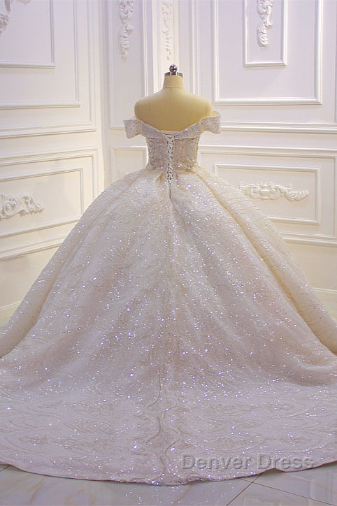 Classy Long Off the Shoulder Sequin Beading Satin Ball Gowns Wedding Dresses