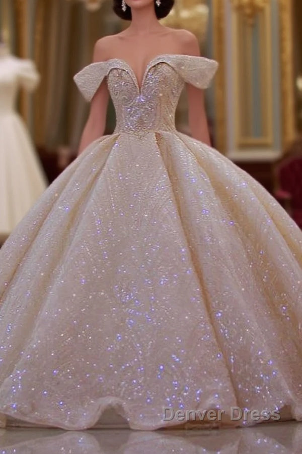 Classy Long Off the Shoulder Sequin Beading Satin Ball Gown Wedding Dresses Main image