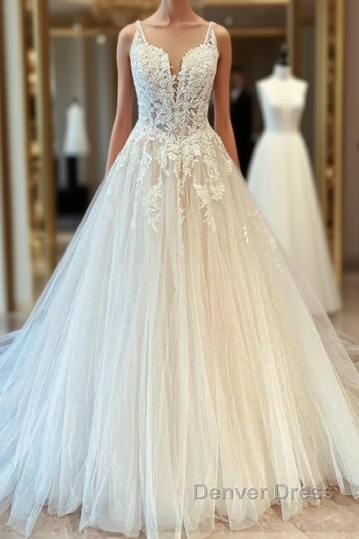 Classy Long Princess Sweetheart Tulle Appliques Lace Wedding Dresses Main image