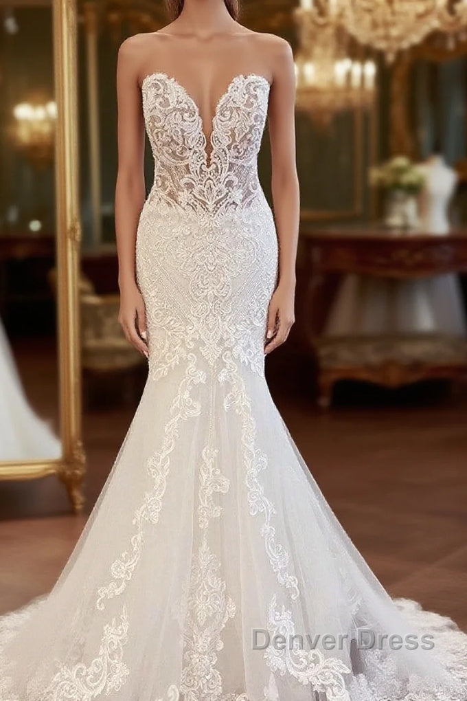 Classy Long Sweetheart Backless Mermaid Wedding Dresses With Appliques Lace Main image