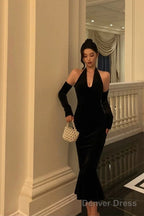 Classy Mermaid Halter Neckline Ruffles Black Velvet Prom Dresses Birthday Outfits Prom Gowns