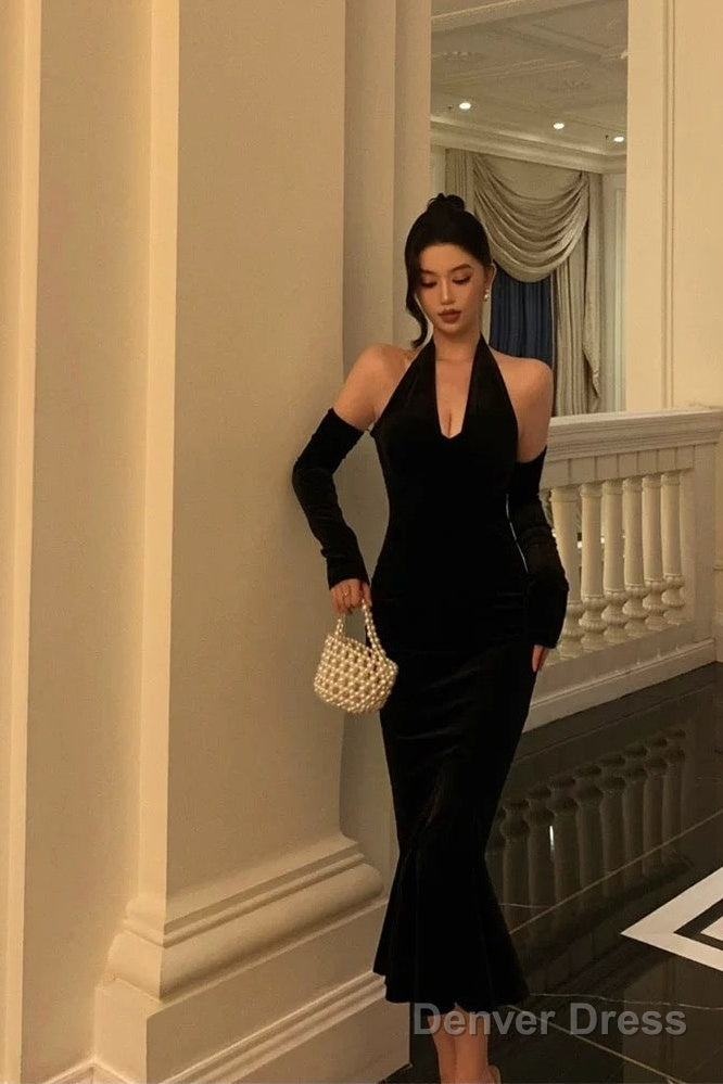 Classy Mermaid Halter Neckline Ruffles Black Velvet Prom Dresses Birthday Outfits Prom Gowns