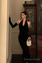 Classy Mermaid Halter Neckline Ruffles Black Velvet Prom Dresses Birthday Outfits Evening Gown