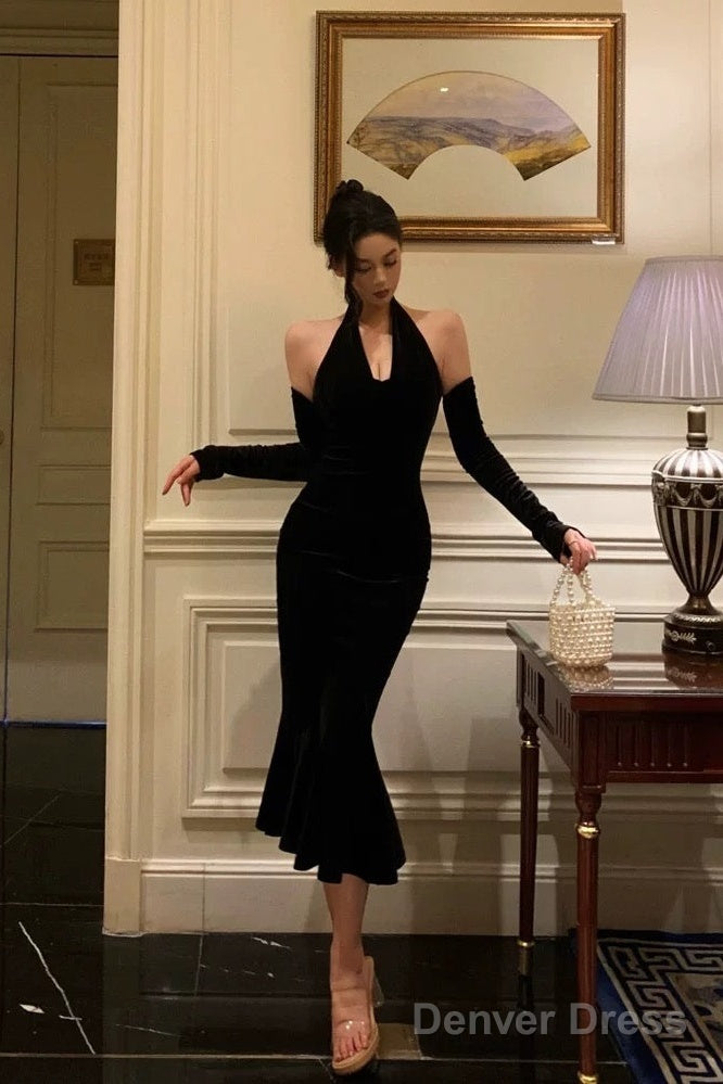 Classy Mermaid Halter Neckline Ruffles Black Velvet Prom Dresses Birthday Outfits Prom Gowns