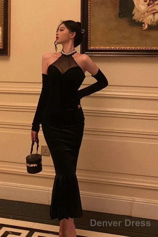 Classy Mermaid High Neckline Black Velvet Prom Dresses Birthday Outfits Evening Gown Main image