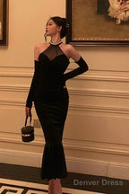 Classy Mermaid High Neckline Black Velvet Prom Dresses Birthday Outfits Evening Gown