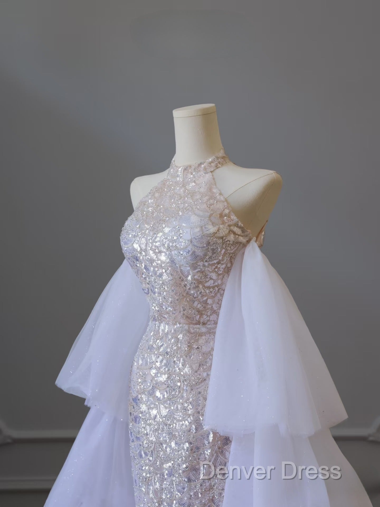 Classy Mermaid High Neckline Sequin Ruffles Long Evening Dresses Prom Dresses