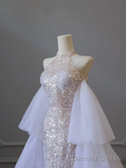 Classy Mermaid High Neckline Sequin Ruffles Long Evening Dress Prom Dresses