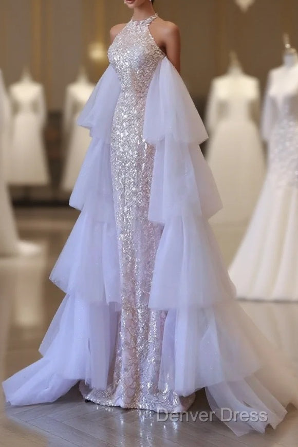 Classy Mermaid High Neckline Sequin Ruffles Long Evening Dresses Prom Dresses Main image