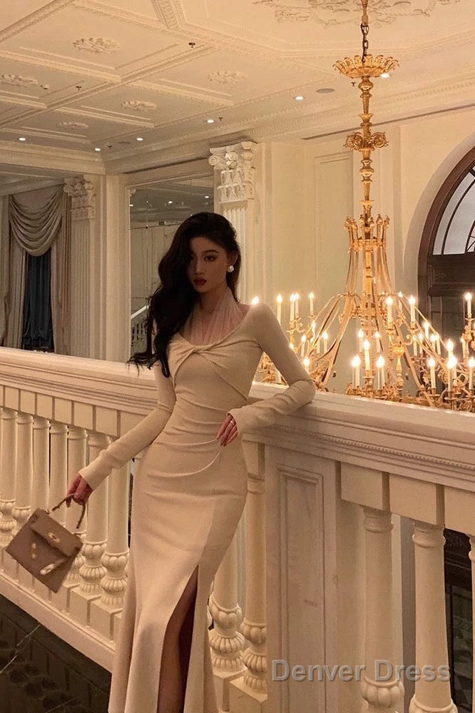 Classy Mermaid Long Sleeves Ivory Slit Prom Dresses Birthday Outfits Prom Gowns