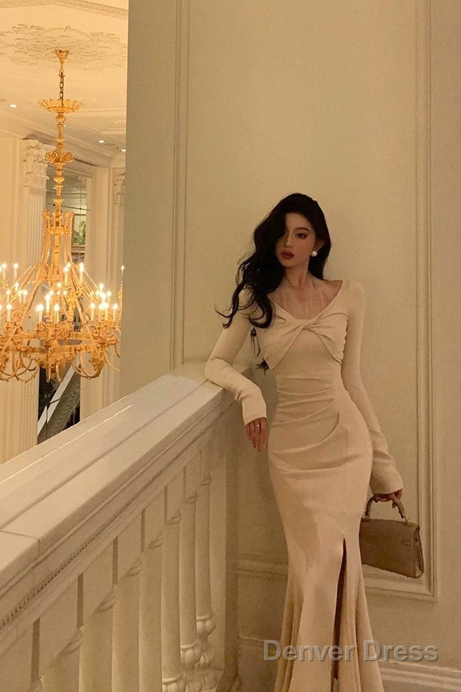 Classy Mermaid Long Sleeves Ivory Slit Prom Dresses Birthday Outfits Prom Gowns