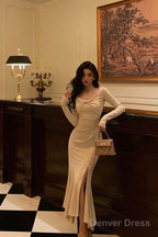 Classy Mermaid Long Sleeves Ivory Slit Prom Dresses Birthday Outfits Prom Gowns
