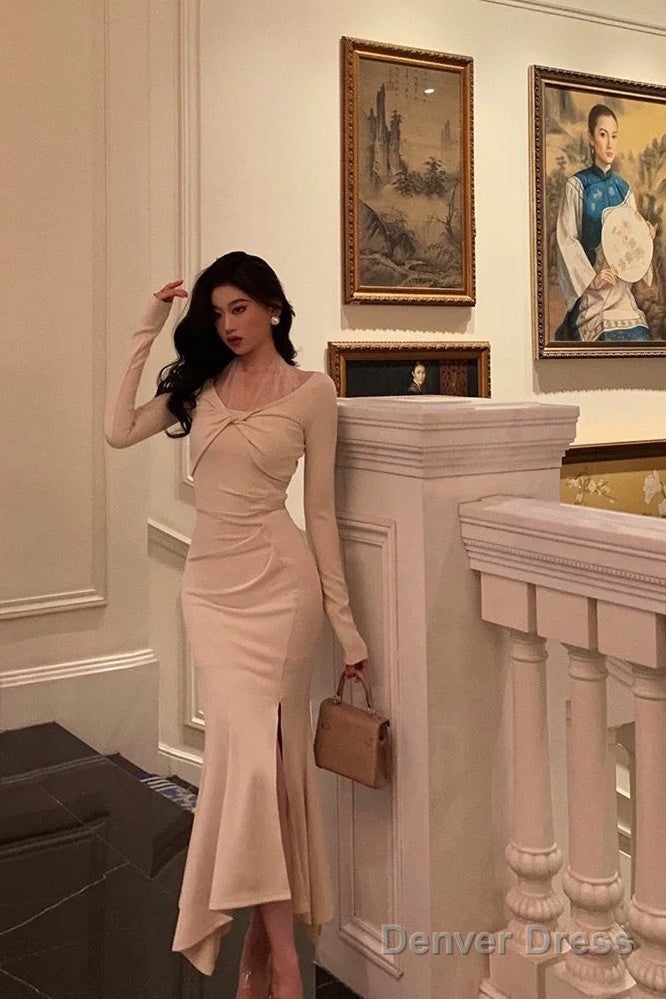 Classy Mermaid Long Sleeves Ivory Slit Prom Dresses Birthday Outfits Prom Gowns