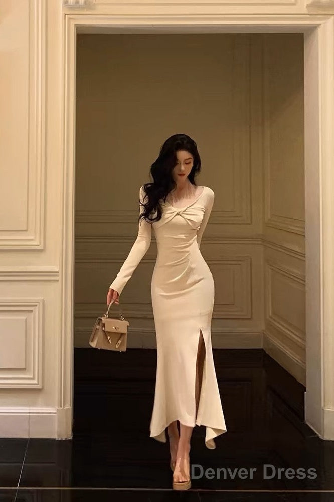 Classy Mermaid Long Sleeves Ivory Slit Prom Dresses Birthday Outfits Prom Gowns
