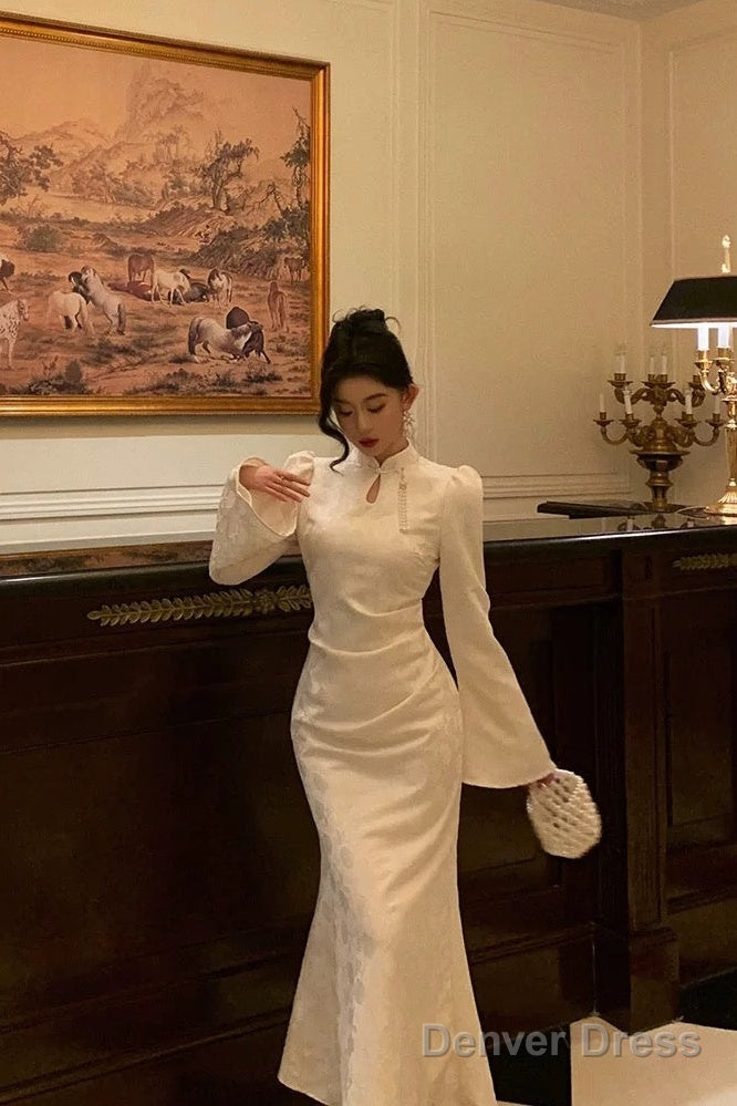 Classy Mermaid Mandarin Collar Long Sleeves White Lace Prom Dresses Birthday Outfits Secondary image