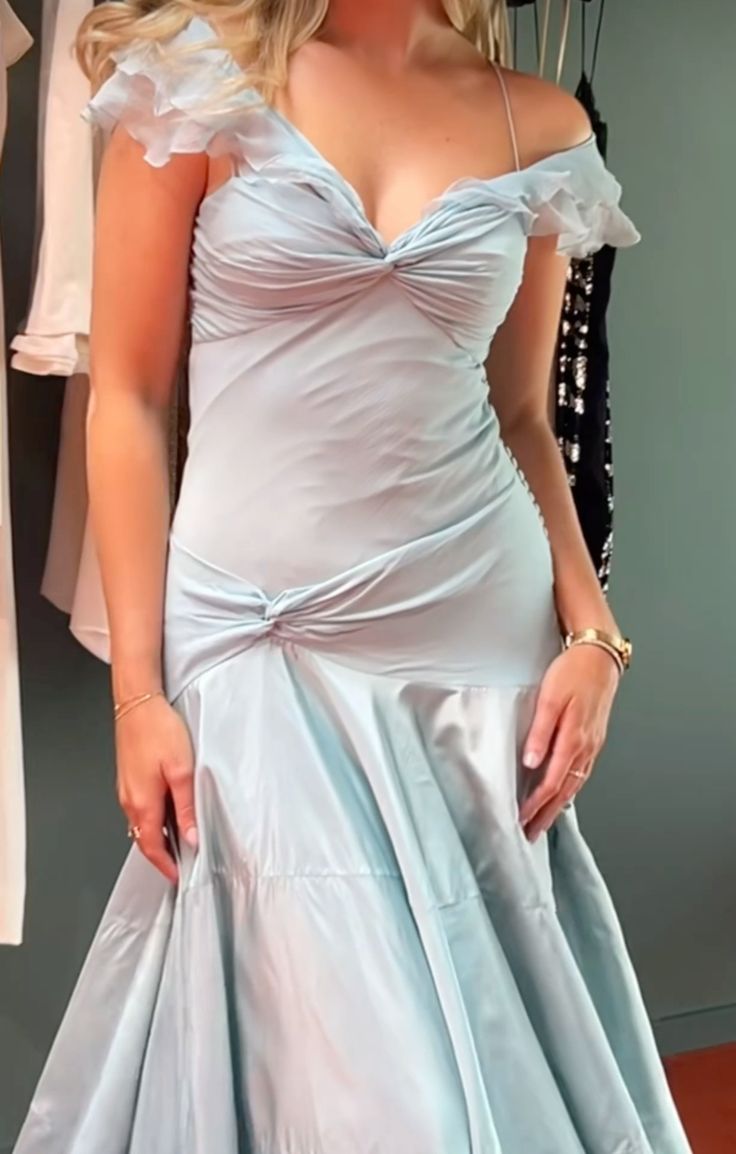 Classy Mermaid Off The Shoulder Light Sky Blue Prom Dress