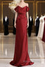 Classy Mermaid Off The Shoulder Red Satin Long Evening Gowns Prom Dresses