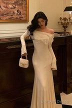 Classy Mermaid Off The Shoulder White Ruffles Long Sleeves Prom Dresses Birthday Outfits Prom Gowns