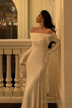 Classy Mermaid Off The Shoulder White Ruffles Long Sleeves Prom Dresses Birthday Outfits Prom Gowns