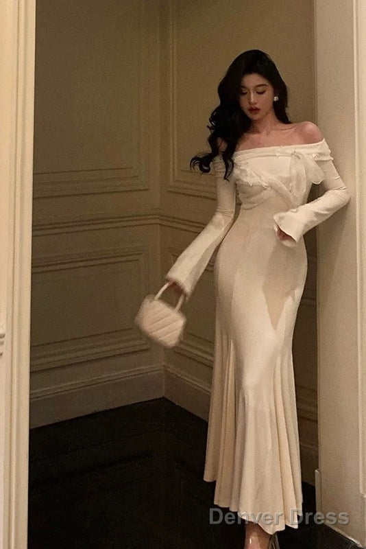 Classy Mermaid Off The Shoulder White Ruffles Long Sleeves Prom Dresses Birthday Outfits Prom Gowns