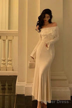 Classy Mermaid Off The Shoulder White Ruffles Long Sleeves Prom Dresses Birthday Outfits Prom Gowns