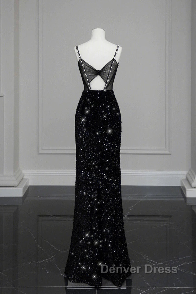 Classy Mermaid Spaghetti Straps Black Sequin Slit Long Evening Gowns Prom Dresses Secondary image