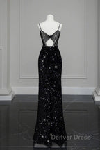 Classy Mermaid Spaghetti Straps Black Sequin Slit Long Evening Gowns Prom Dresses