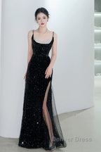 Classy Mermaid Spaghetti Straps Black Sequin Slit Long Evening Gowns Prom Dresses