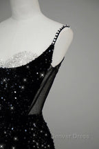 Classy Mermaid Spaghetti Straps Black Sequin Slit Long Evening Gowns Prom Dresses