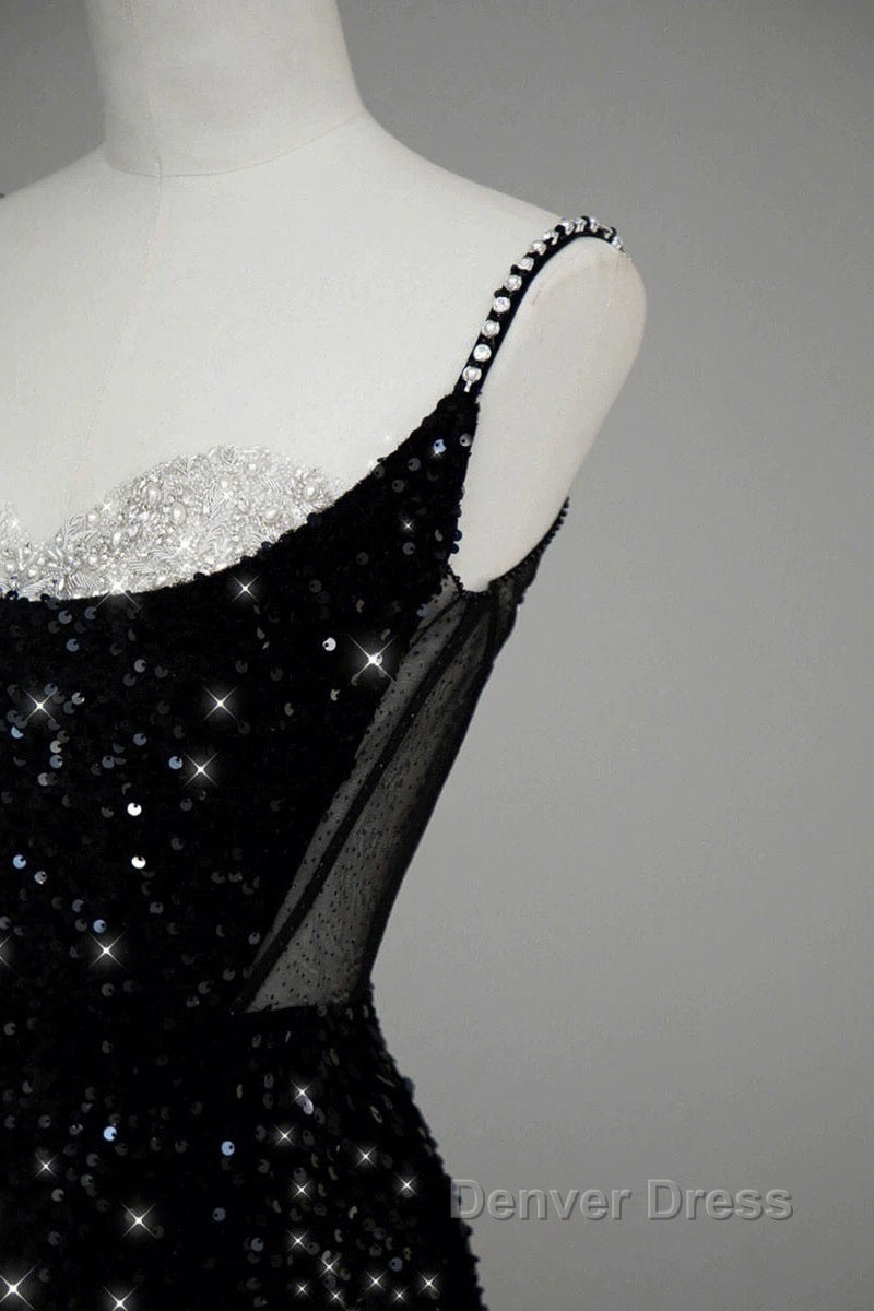 Classy Mermaid Spaghetti Straps Black Sequin Slit Long Evening Gowns Prom Dresses