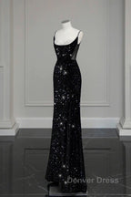 Classy Mermaid Spaghetti Straps Black Sequin Slit Long Evening Gowns Prom Dresses