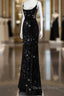 Classy Mermaid Spaghetti Straps Black Sequin Slit Long Evening Gowns Prom Dresses