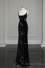 Classy Mermaid Spaghetti Straps Black Sequin Slit Long Evening Gowns Prom Dress