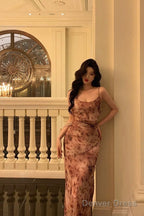 Classy Mermaid Spaghetti Straps Floral Chiffon Prom Dresses Birthday Outfits Prom Gowns