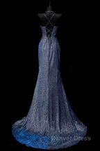 Classy Mermaid Spaghetti Straps Navy Blue Sequin Long Evening Gowns Prom Dresses