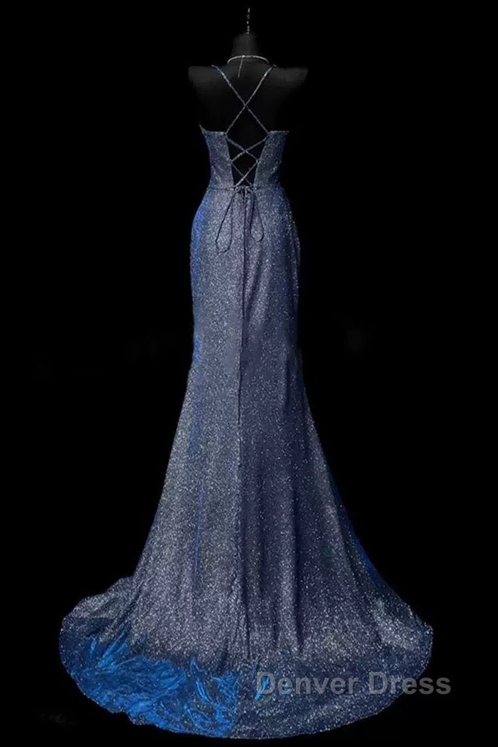 Classy Mermaid Spaghetti Straps Navy Blue Sequin Long Evening Gowns Prom Dresses