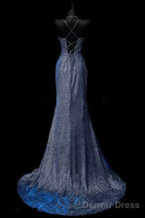 Classy Mermaid Spaghetti Straps Navy Blue Sequin Long Evening Gowns Prom Dress
