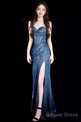 Classy Mermaid Spaghetti Straps Navy Blue Sequin Long Evening Gowns Prom Dress