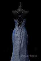 Classy Mermaid Spaghetti Straps Navy Blue Sequin Long Evening Gowns Prom Dresses