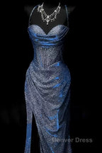 Classy Mermaid Spaghetti Straps Navy Blue Sequin Long Evening Gowns Prom Dresses