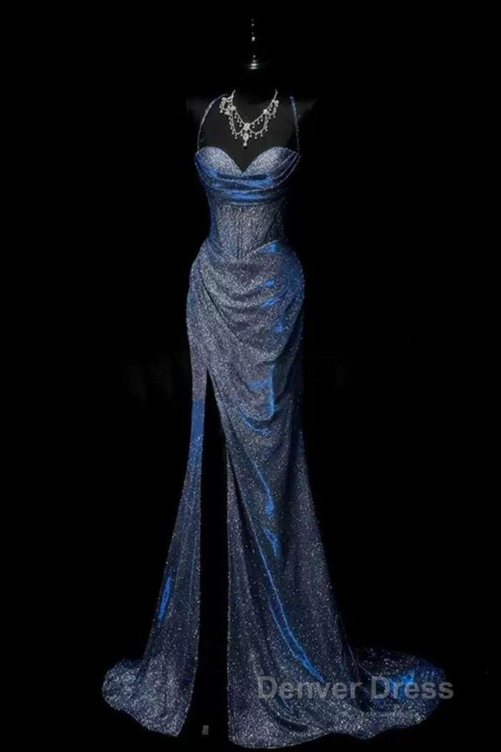 Classy Mermaid Spaghetti Straps Navy Blue Sequin Long Evening Gowns Prom Dresses
