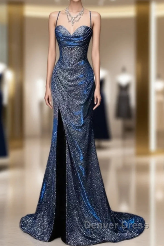 Classy Mermaid Spaghetti Straps Navy Blue Sequin Long Evening Gowns Prom Dresses Main image