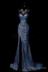 Classy Mermaid Spaghetti Straps Navy Blue Sequin Long Evening Gowns Prom Dress