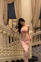 Classy Mermaid Spaghetti Straps Pink Flora Prom Dresses Birthday Outfits Prom Gowns