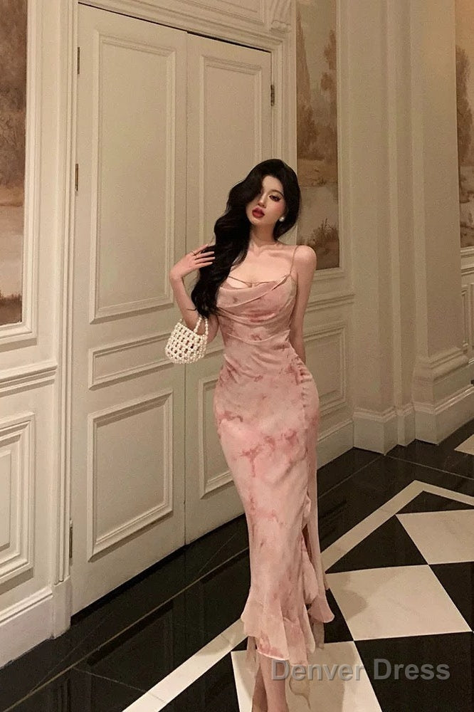 Classy Mermaid Spaghetti Straps Pink Prom Dresses Birthday Outfits Prom Gowns