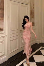 Classy Mermaid Spaghetti Straps Pink Prom Dresses Birthday Outfits Prom Gowns
