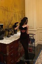 Classy Mermaid Spaghetti Straps Sleeveless Burgundy Velvet Prom Dresses Birthday Outfits
